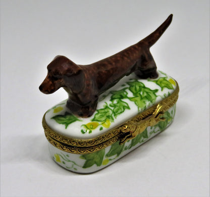 LIMOGES FRANCE - BROWN DACHSHUND DOG & PIN SHAPED BOX - LEAVES & FLOWERS - PUPPY