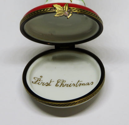 LIMOGES FRANCE BOX - CHAMART - WHITE BUNNY & RED BOW & HOLLY - FIRST CHRISTMAS