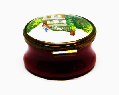 HALCYON DAYS ENGLISH ENAMEL BOX -BETSY ROSS HOUSE- PHILADELPHIA -U. S. FLAG- MIB
