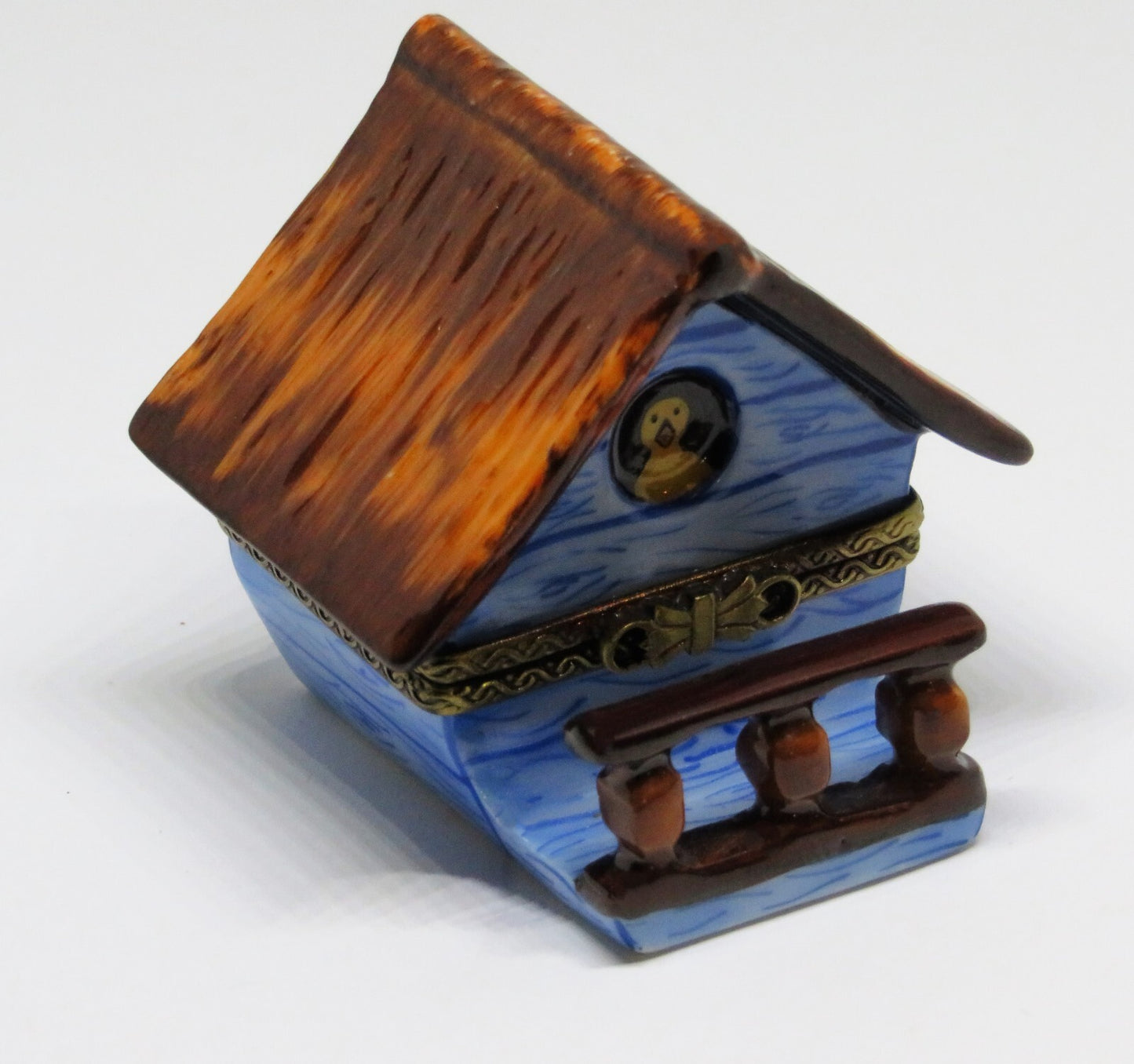 LIMOGES BOX ~ EXIMIOUS ~ BIRD HOUSE & PORCH & RAILING ~ NEST & EGGS ~ PEINT MAIN