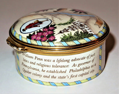 HALCYON DAYS ENAMEL BOX -STATE OF PENNSYLVANIA- INDEPENDENCE HALL - WILLIAM PENN