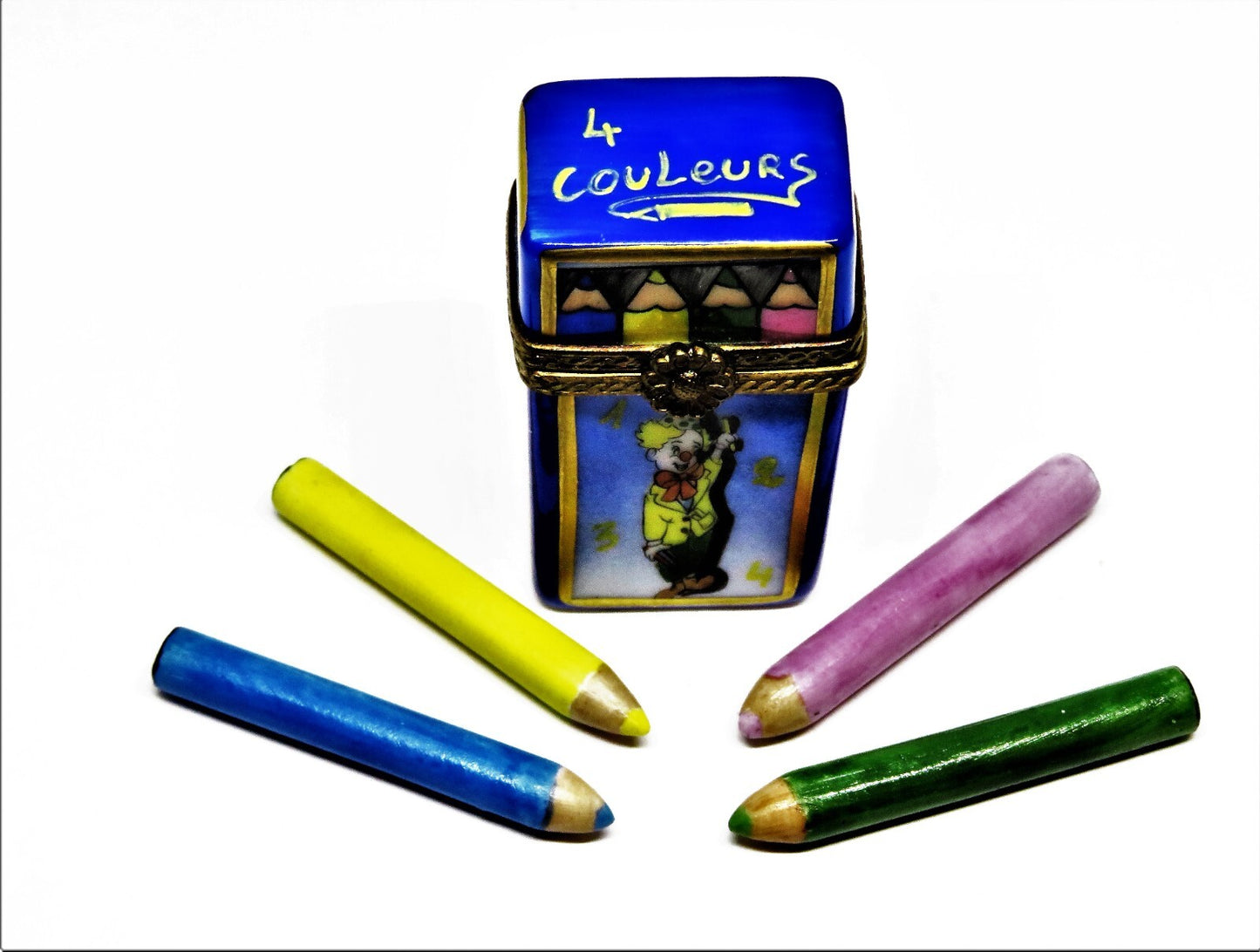 LIMOGES BOX OF CRAYONS -GR- 4 REMOVABLE COLORED PENCILS -SCHOOL- CLOWN & FLOWERS