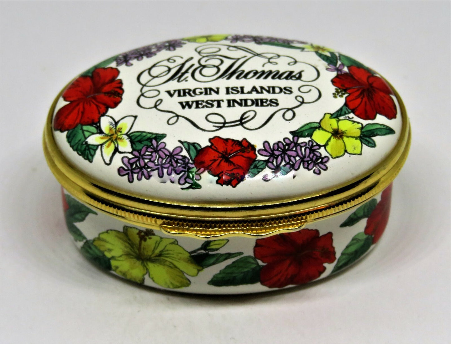 HALCYON DAYS ENAMEL BOX - "ST. THOMAS VIRGIN ISLANDS" - FLOWERS - HIBISCUS