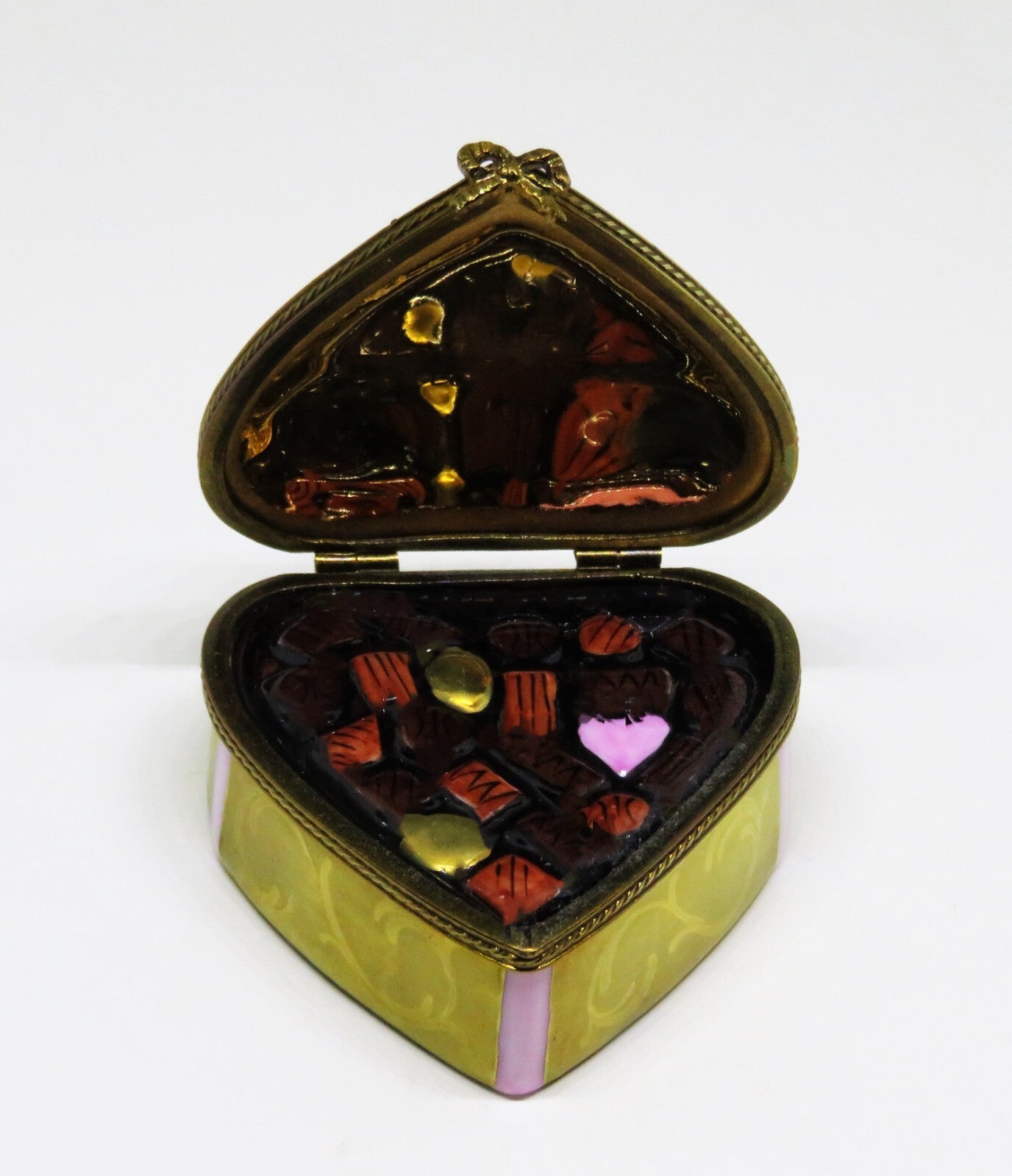 LIMOGES BOX ~ ROCHARD ~ GOLD HEART & CANDY & BOW ~ "WITH LOVE" ~ ANNIVERSARY