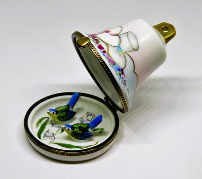LIMOGES FRANCE BOX -CHAMART- WEDDING BELL -LILY OF THE VALLEY FLOWERS & 3D BIRDS