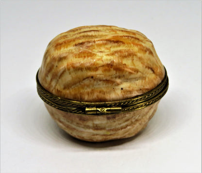 LIMOGES FRANCE BOX - VINTAGE WALNUT SHELL - NUT - SQUIRREL CLASP - BRANCH INSIDE