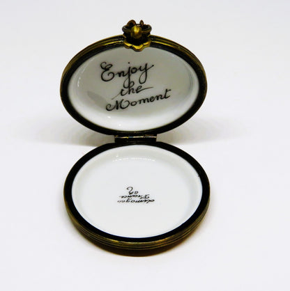 LIMOGES FRANCE BOX - GR - VINTAGE GOLD POCKET WATCH & CHAIN - "ENJOY THE MOMENT"