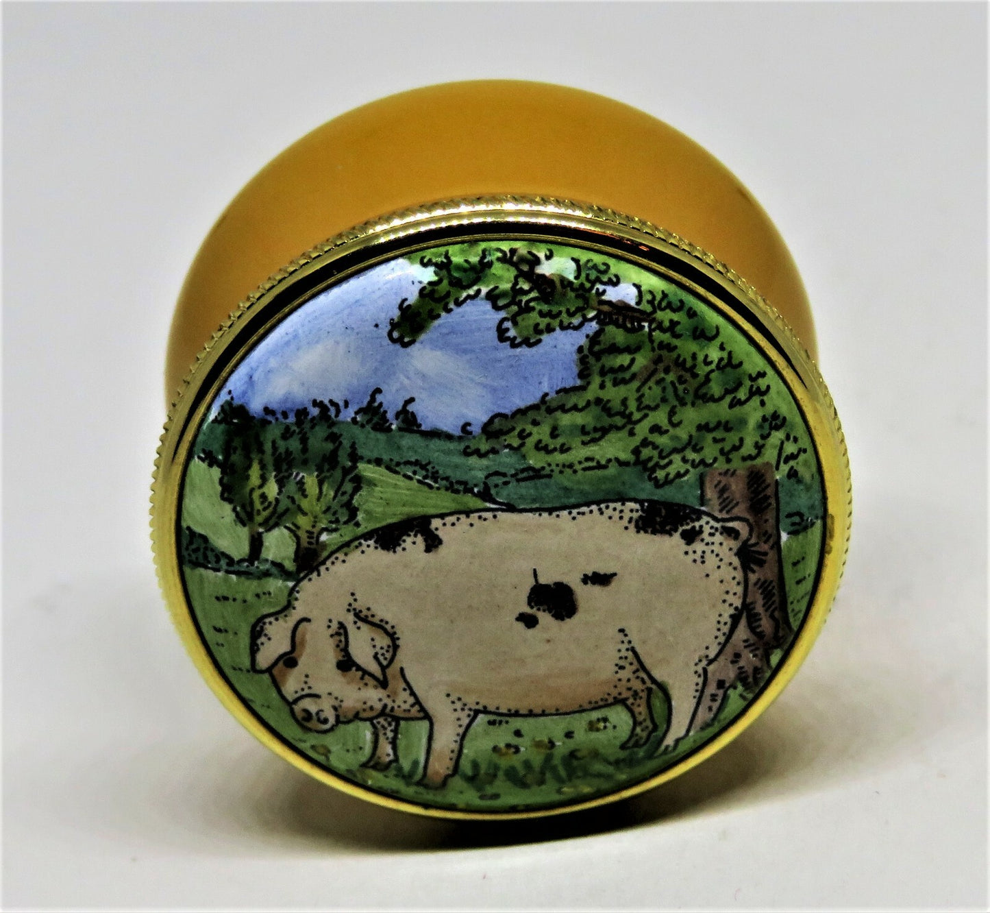 STAFFORDSHIRE ENAMELS BOX - PINK PIG WITH BLACK PATCHES - ACORNS & OAK LEAVES