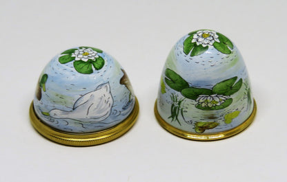 STAFFORDSHIRE ENGLISH ENAMEL BOX -VINTAGE EGG- DUCKS & LILY PADS - WHITE FLOWERS