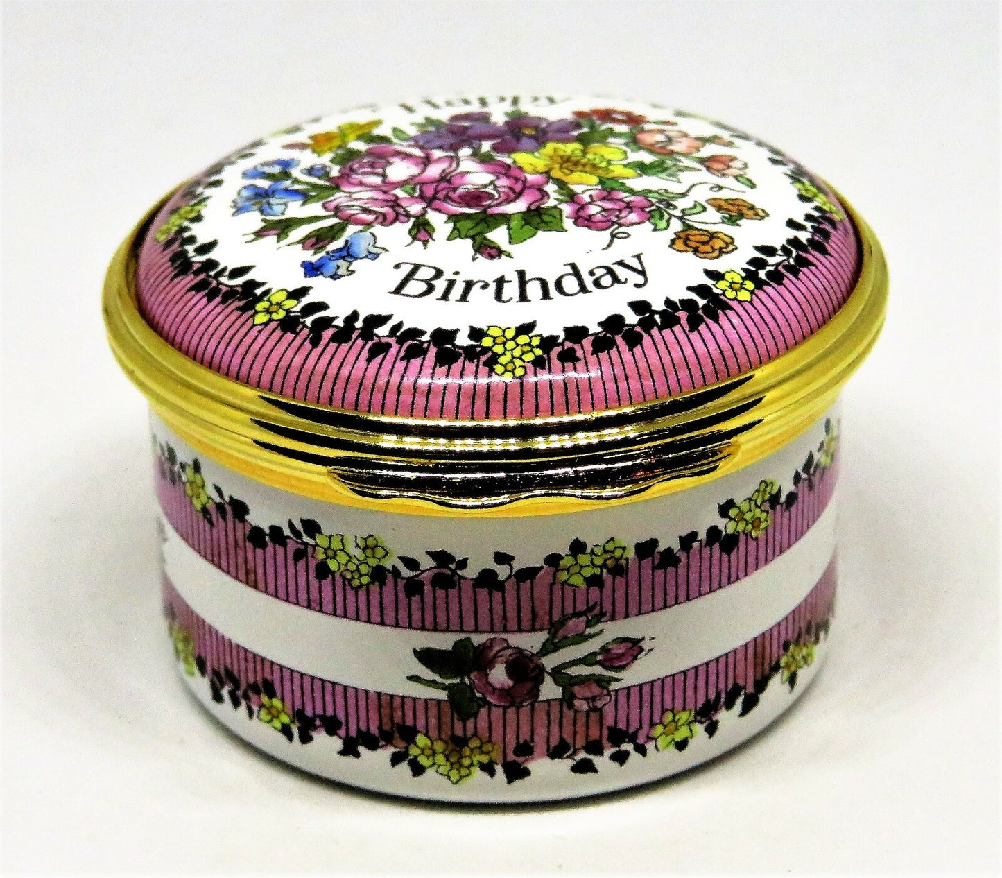 HALCYON DAYS ENGLISH ENAMEL BOX - "HAPPY BIRTHDAY" & BOUQUET OF FLOWERS - MIB