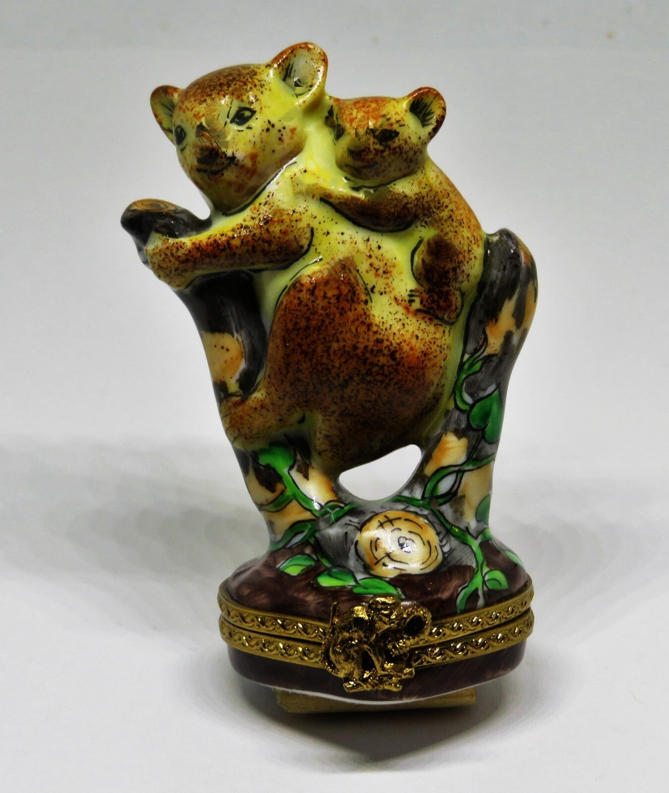 LIMOGES FRANCE BOX- RMC - MOTHER KOALA & BABY ON TREE STUMPS - EUCALYPTUS LEAVES