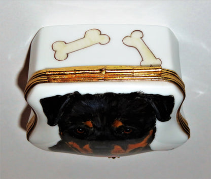 LIMOGES FRANCE BOX - ROTTWEILER DOG & BONES -SCOTLAND'S YARD STUDIO- LUCY ZAHRAN