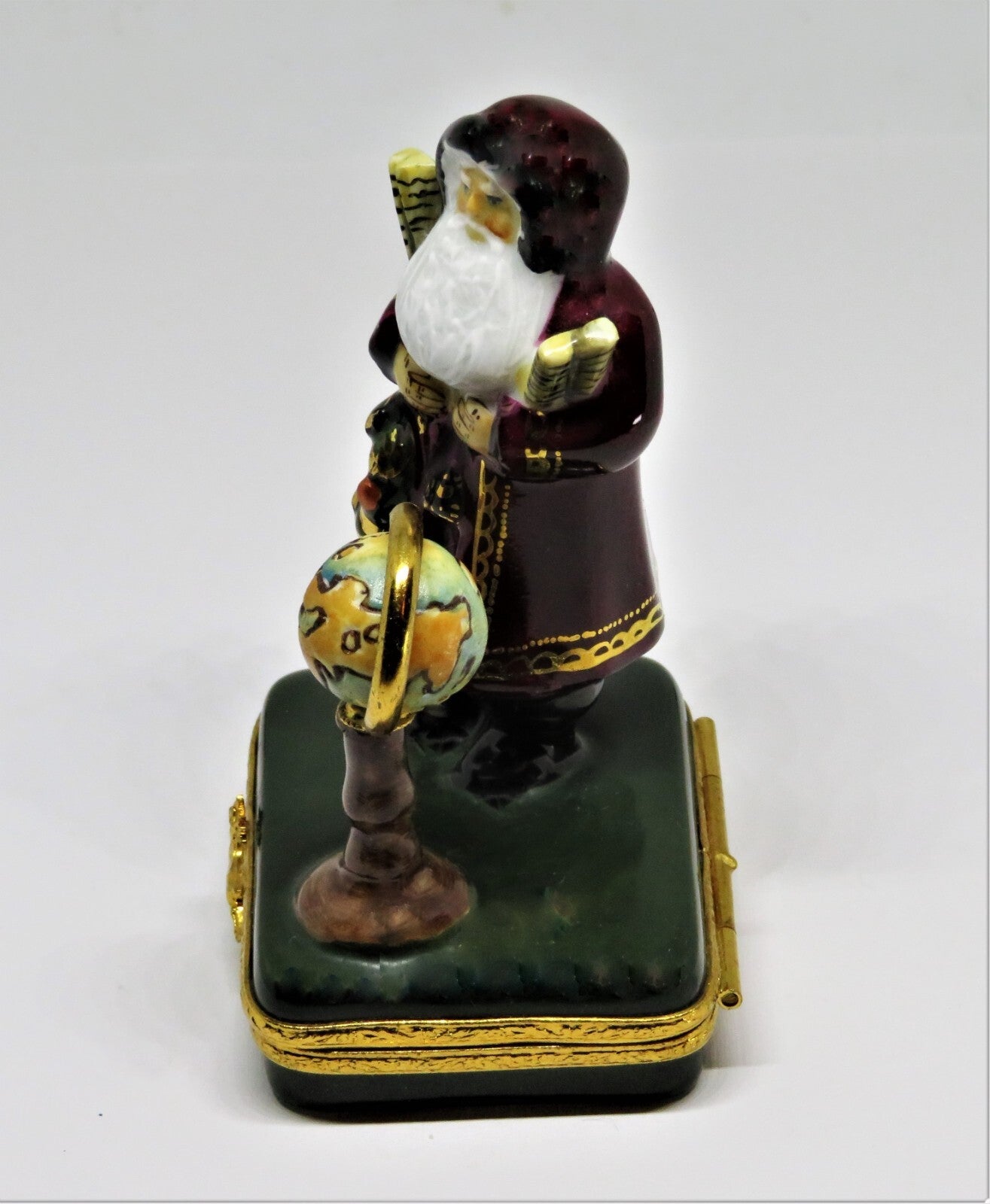 LIMOGES FRANCE BOX- CHRISTMAS - LYNN HANEY - "GLOBE SANTA CLAUS" - MAPS & WREATH