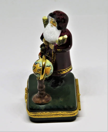 LIMOGES FRANCE BOX- CHRISTMAS - LYNN HANEY - "GLOBE SANTA CLAUS" - MAPS & WREATH