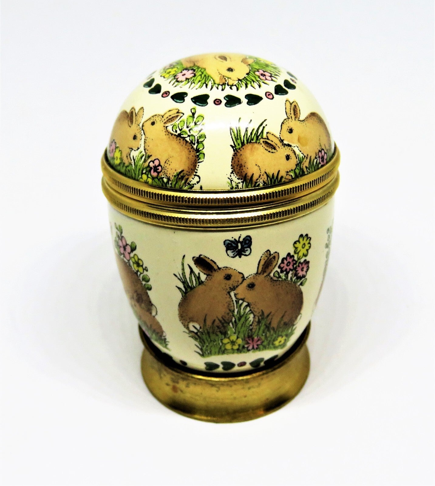 HALCYON DAYS ENAMEL BOX - VINTAGE EASTER BUNNY EGG & STAND - RABBITS & FLOWERS