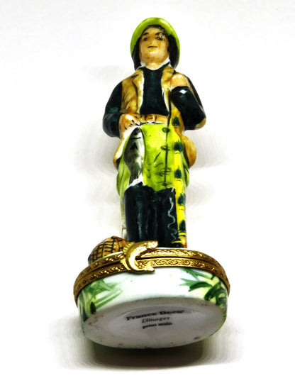 LIMOGES FRANCE BOX ~ FISHERMAN ~ ROD & CREEL & FISH ~ PEINT MAIN - PEINT MAIN