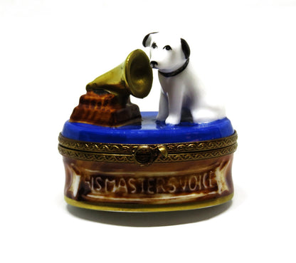 LIMOGES BOX - TERRIER - DOG & GRAMOPHONE - PUPPY - "HIS MASTER'S VOICE" - NIPPER