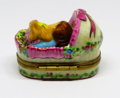LIMOGES FRANCE BOX - ROCHARD - BABY GIRL IN A BASKET - ROSES & BOW & HEART - BIB