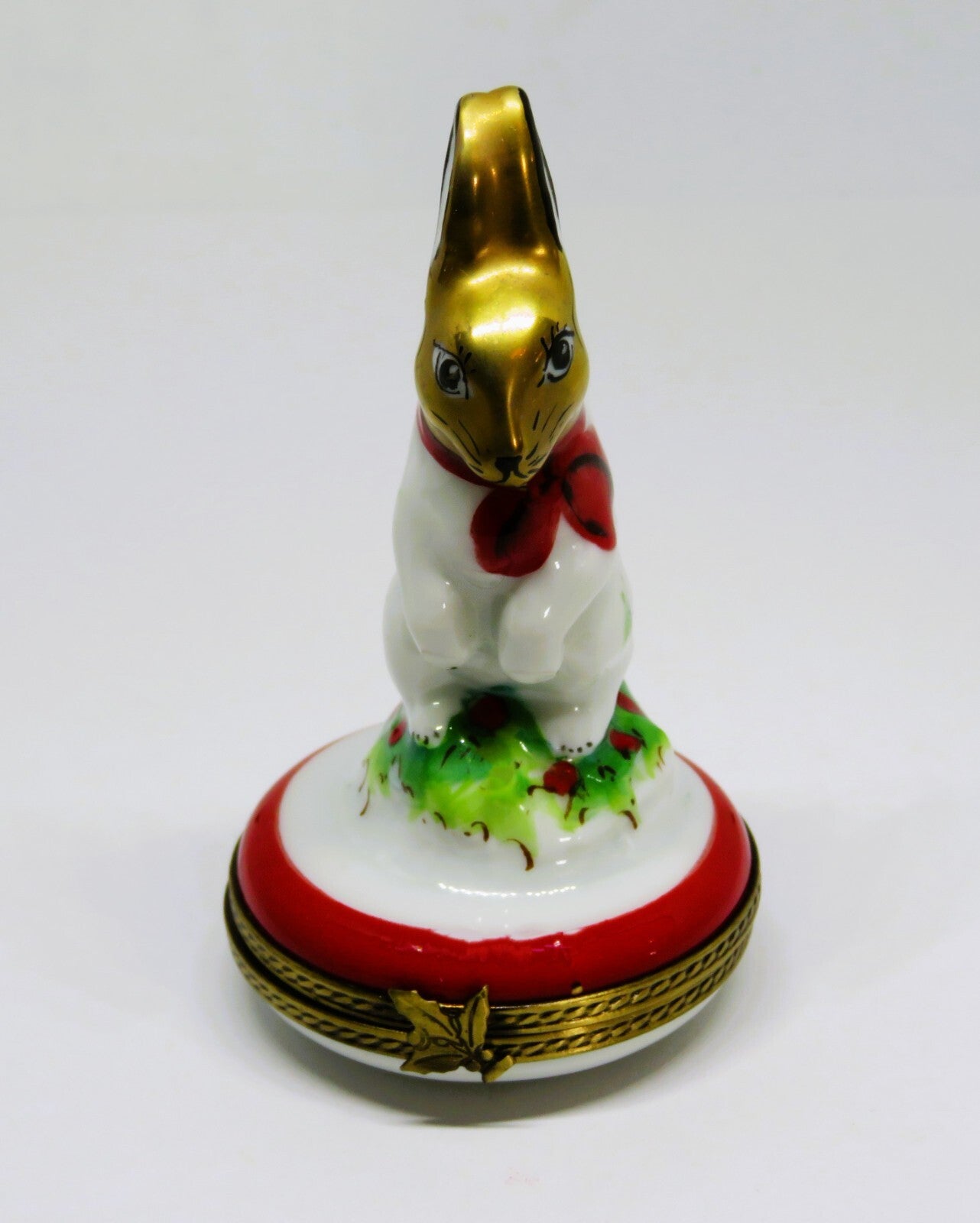 LIMOGES FRANCE BOX - CHAMART - WHITE BUNNY & RED BOW & HOLLY - FIRST CHRISTMAS