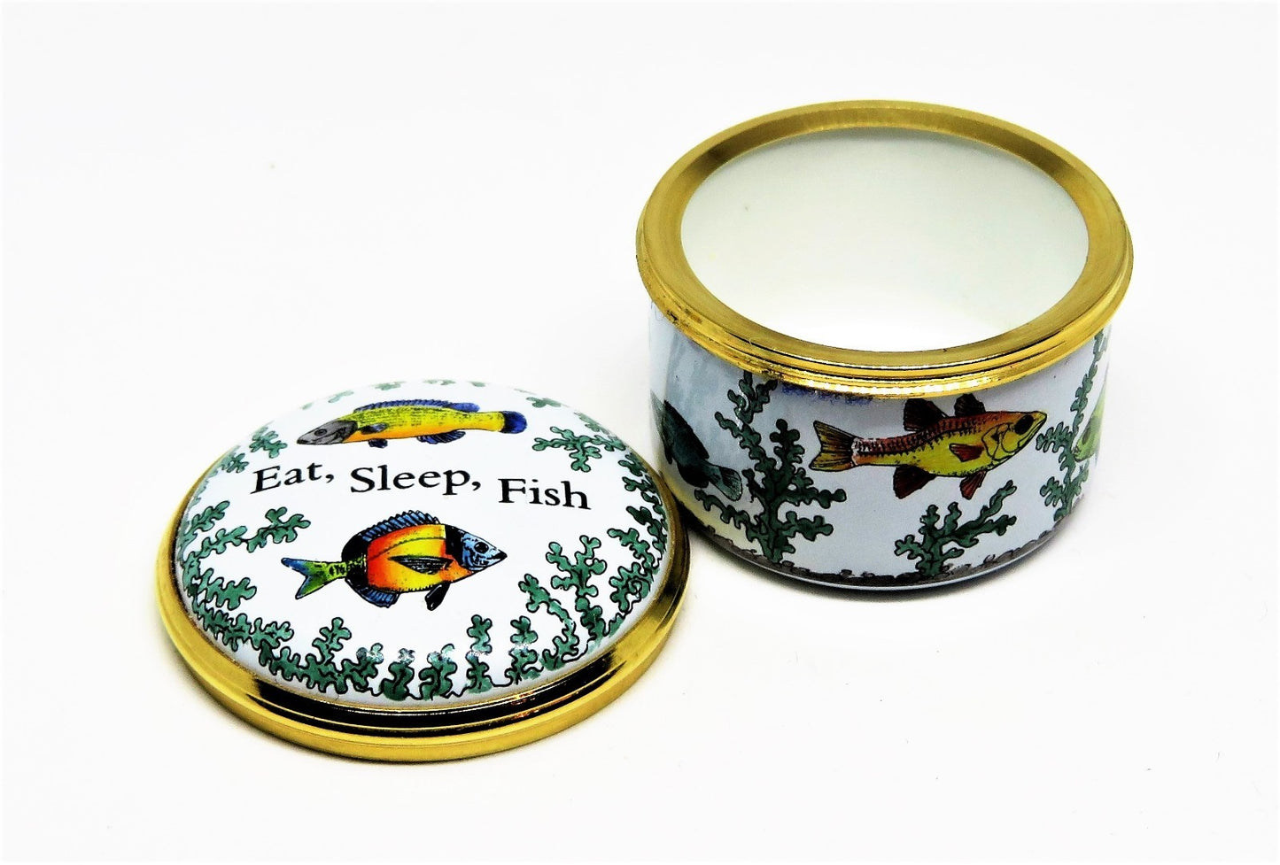 HALCYON DAYS ENAMEL BOX- "EAT, SLEEP, FISH" - FISHING - SEAWEED - GUMP'S - GUMPS