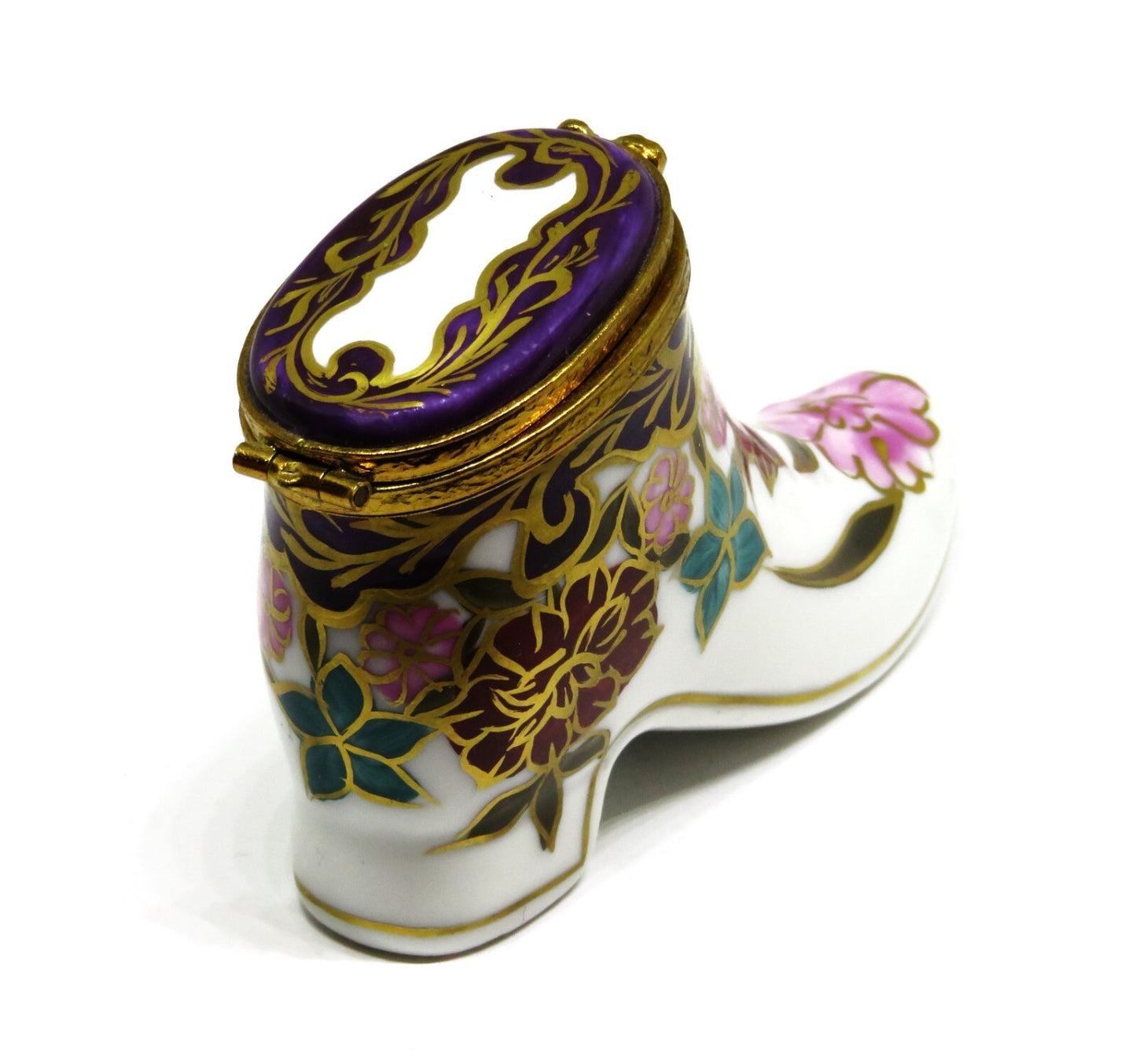 LIMOGES BOX ~ OLD-FASHIONED HIGH TOPPED LADY'S FLORAL SHOE ~ BOOT ~ PEINT MAIN