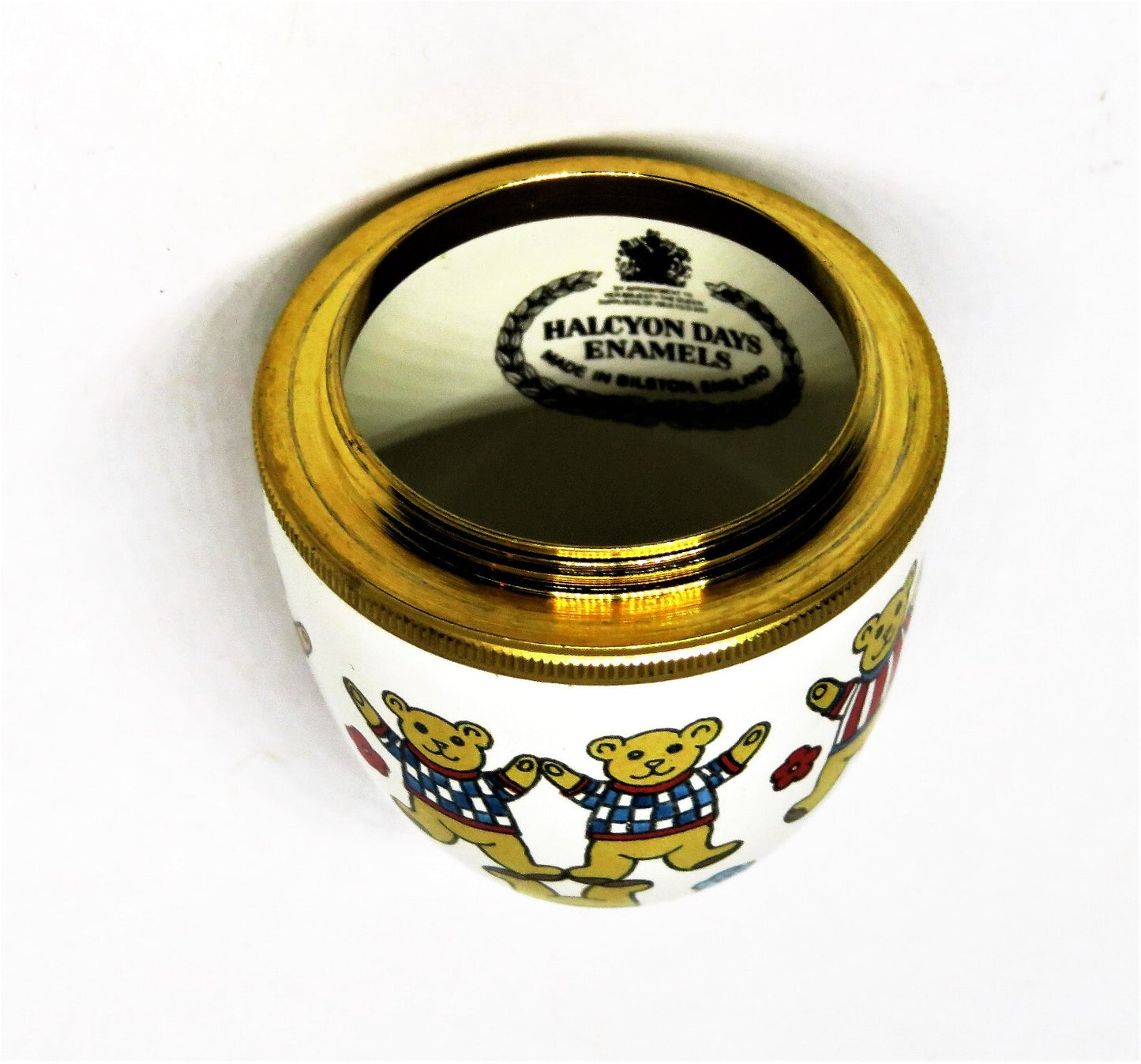 HALCYON DAYS ENAMEL BOX - EGG WITH TEDDY BEARS IN T-SHIRTS - FLOWERS