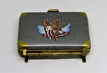 LIMOGES BOX - ROCHARD - VINTAGE WHITE HOUSE SUITCASE/ATTACHE CASE - EAGLE & FLAG