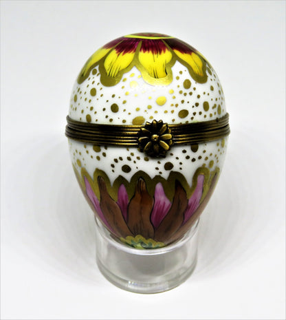 LIMOGES FRANCE BOX - COLORFUL FLORAL EGG - FLOWERS & LEAVES - WATERCOLORS