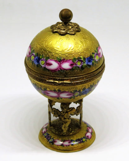 LIMOGES BOX - VINTAGE GOLD INCRUSTATION GLOBE & ANGEL STAND - FLOWERS - ROSES