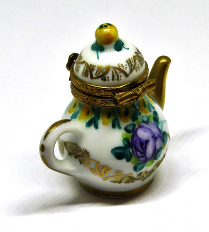 LIMOGES FRANCE BOX~ VINTAGE FLORAL TEAPOT ~ PURPLE ROSES ~ TEA POTS ~ PEINT MAIN