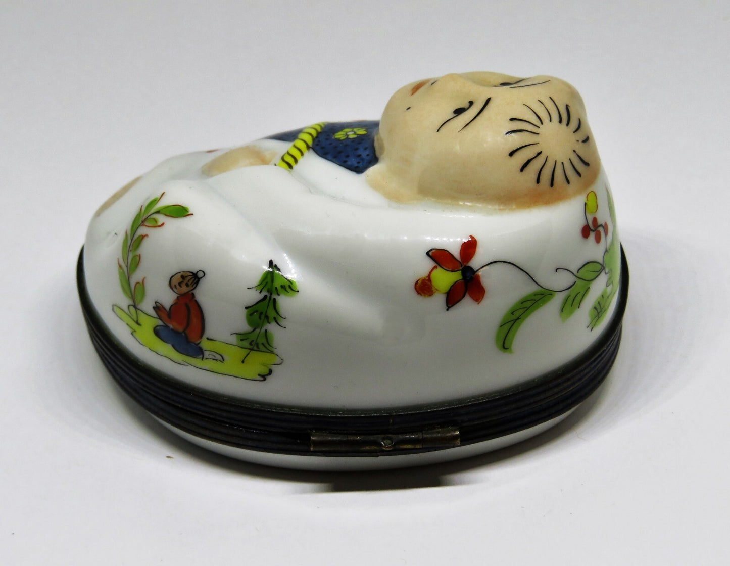 LIMOGES FRANCE BOX - RECLINING BUDDHA - FLOWERS & BUTTERFLY & ASIAN MAN - "MC"