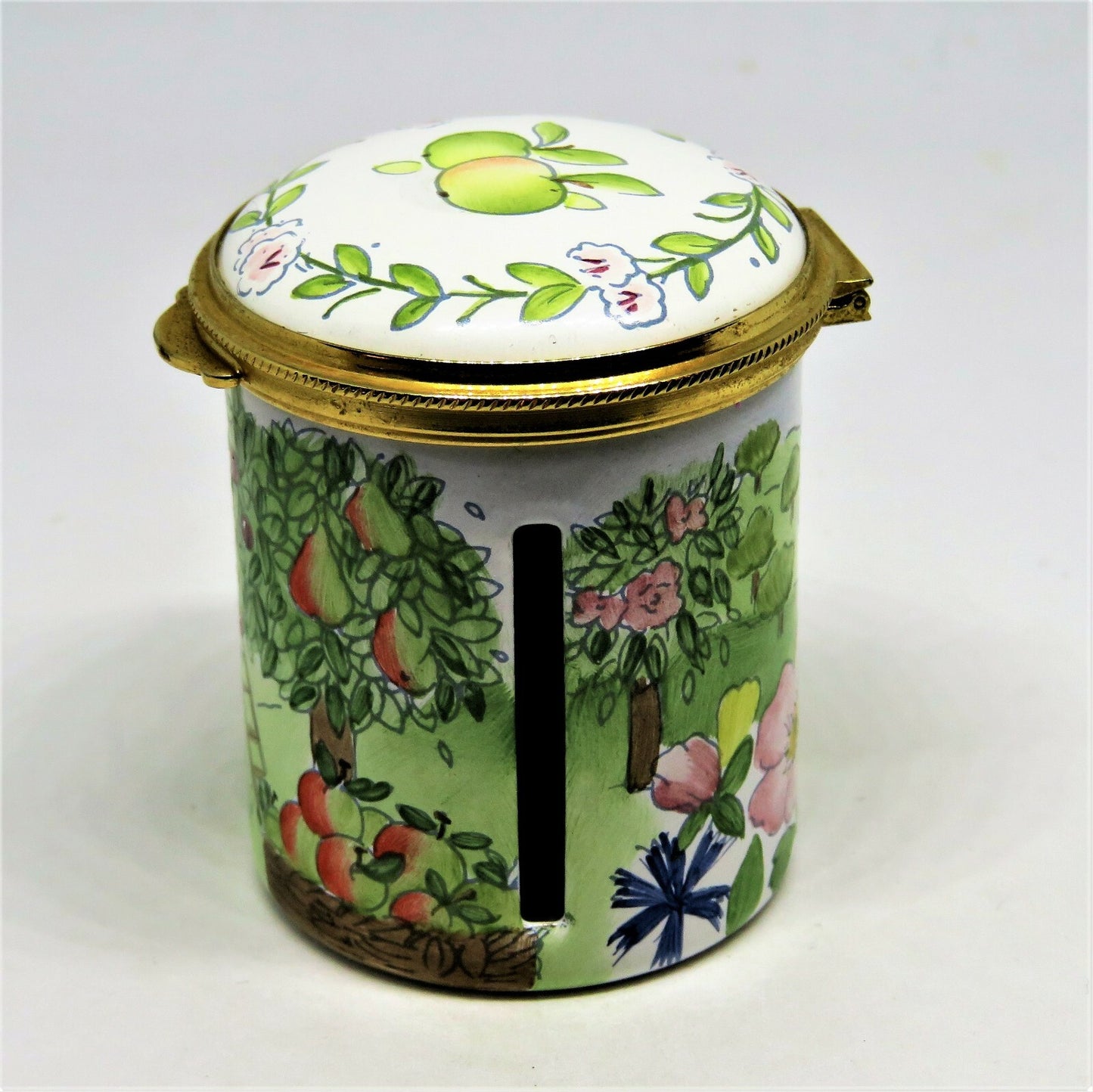 STAFFORDSHIRE ENAMELS STAMP BOX - FRUIT ORCHARD & BEE HIVES - FLOWERS & TREES