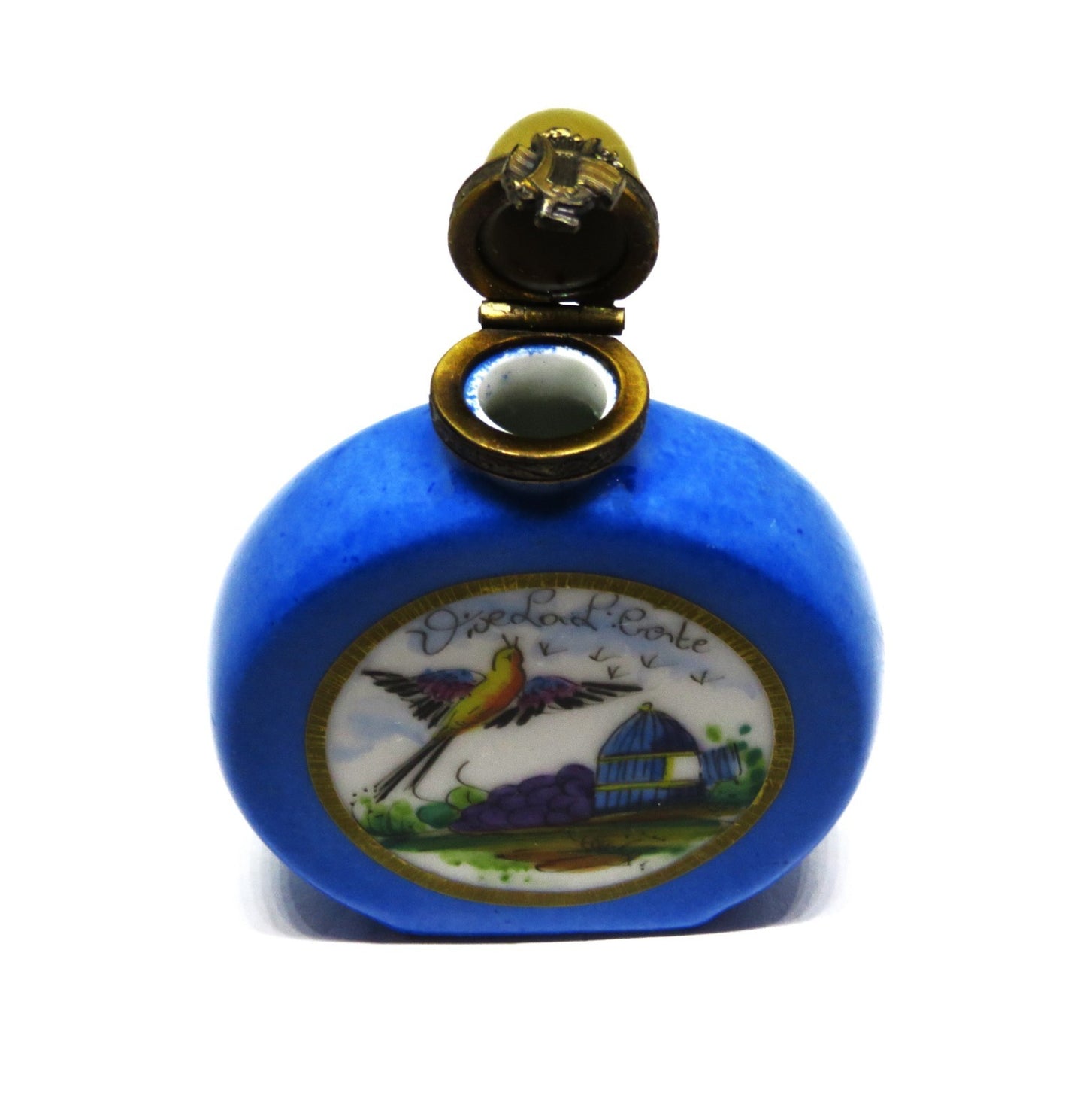 LIMOGES FRANCE BOX - VIALARD - BLUE PERFUME BOTTLE & BIRD - "VIVE LA LIBERTÉ"