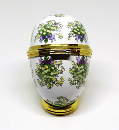 STAFFORDSHIRE ENGLISH ENAMEL BOX -EGG & BOUQUETS OF LILY OF THE VALLEY- FLOWERS
