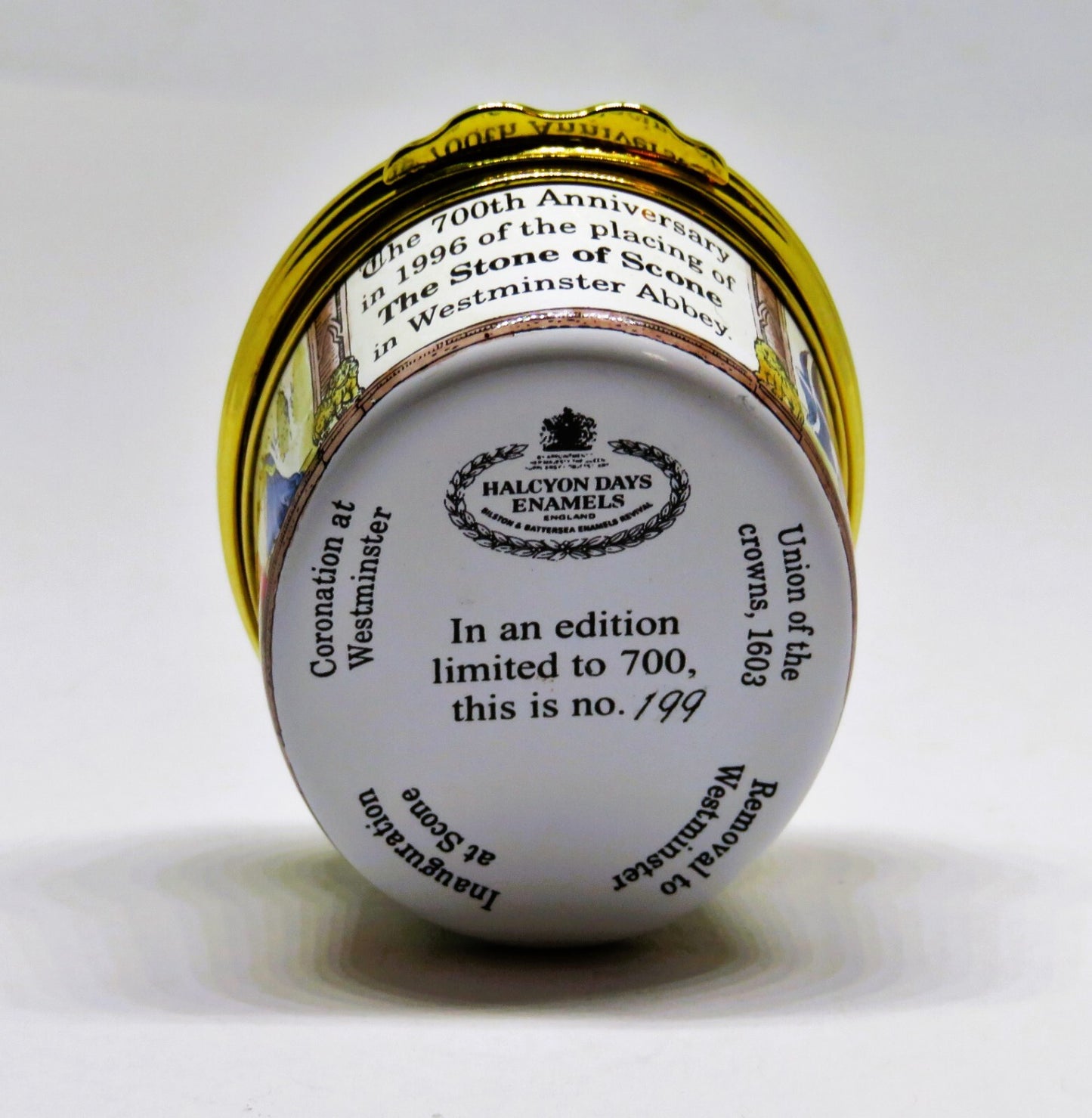 HALCYON DAYS ENGLISH ENAMEL BOX- THE STONE OF SCONE - BRITISH ROYALTY - SCOTLAND
