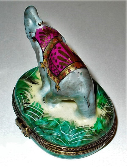LIMOGES FRANCE BOX -ASIAN ELEPHANT & CEREMONIAL ATTIRE- JUNGLE FOLIAGE & SHRUBS