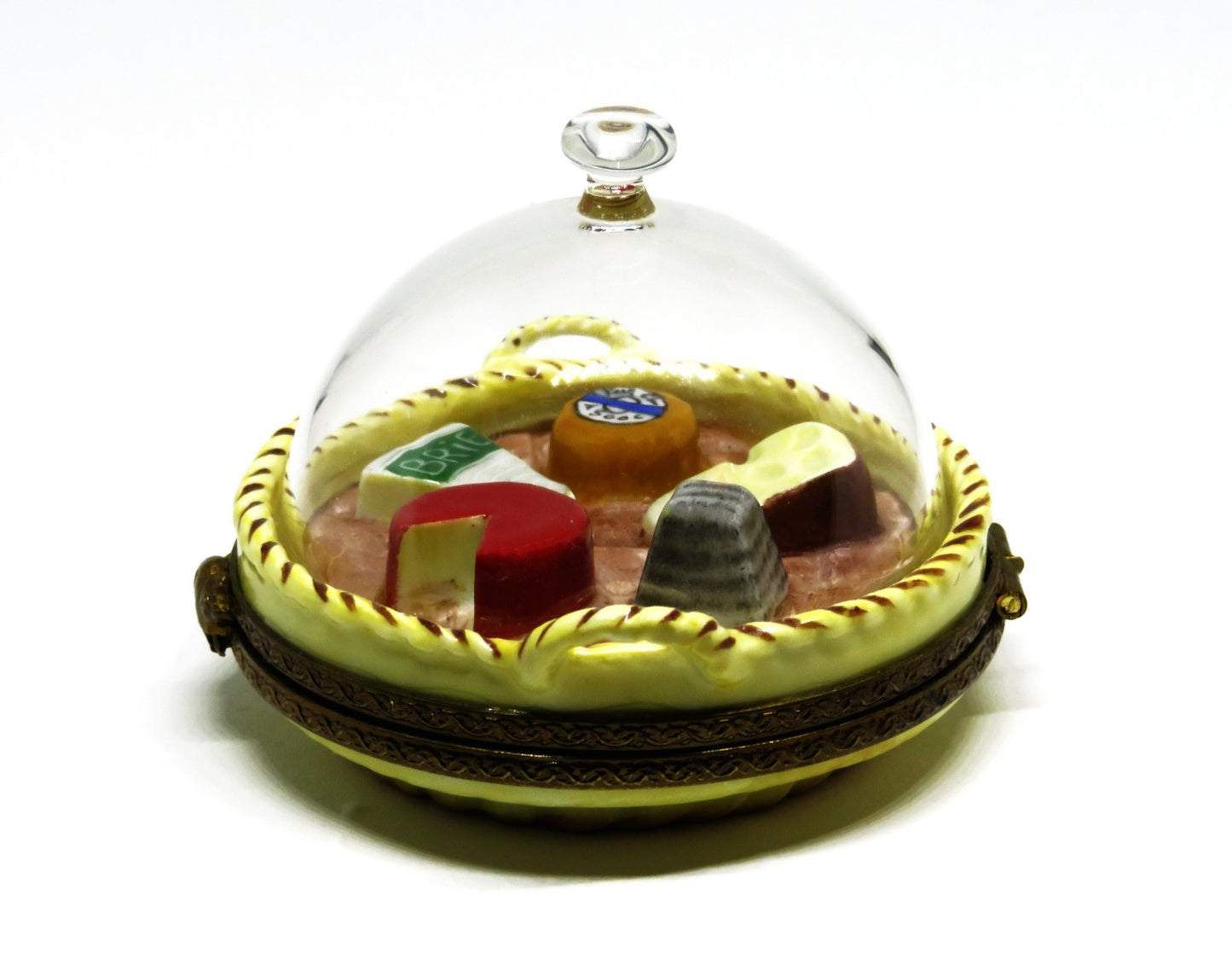 LIMOGES FRANCE BOX - PARRY-VIEILLE - DOMED GLASS CHEESE TRAY - MOUSE CLASP - COW