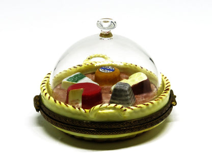LIMOGES FRANCE BOX - PARRY-VIEILLE - DOMED GLASS CHEESE TRAY - MOUSE CLASP - COW