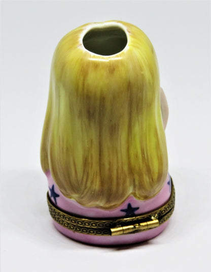 LIMOGES FRANCE BOX - CHANILLE - HIPPIE LADY HEAD VASE - TWO HAT PINS - LE - MIB
