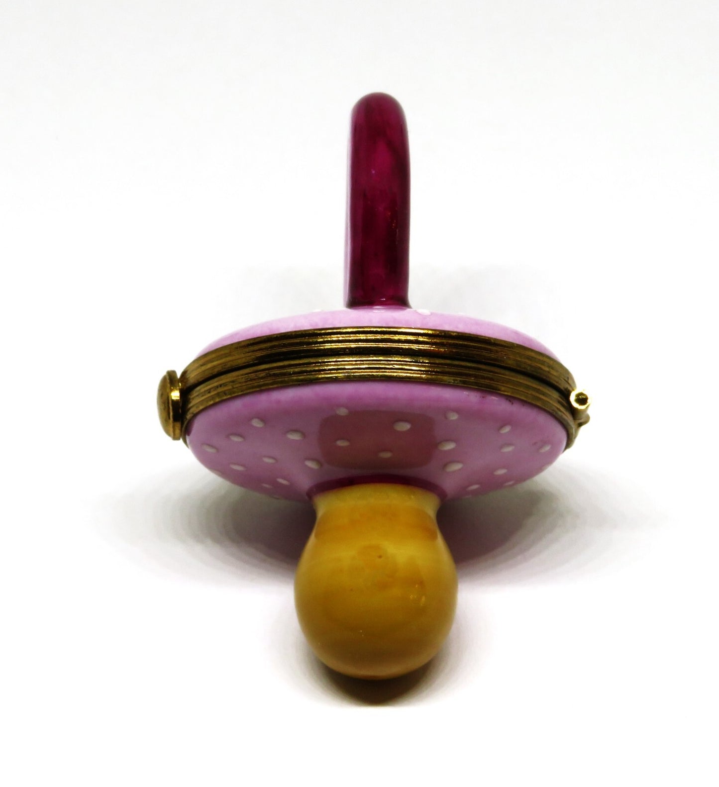 LIMOGES BOX~ PIERRE ARQUIE ~ PINK & BURGUNDY BABY PACIFIER ~ WHITE DOTS ~ 26/750