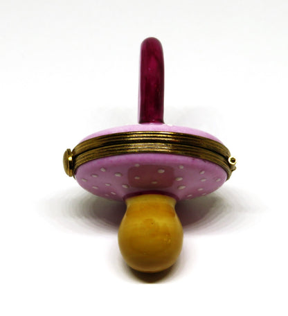LIMOGES BOX~ PIERRE ARQUIE ~ PINK & BURGUNDY BABY PACIFIER ~ WHITE DOTS ~ 26/750