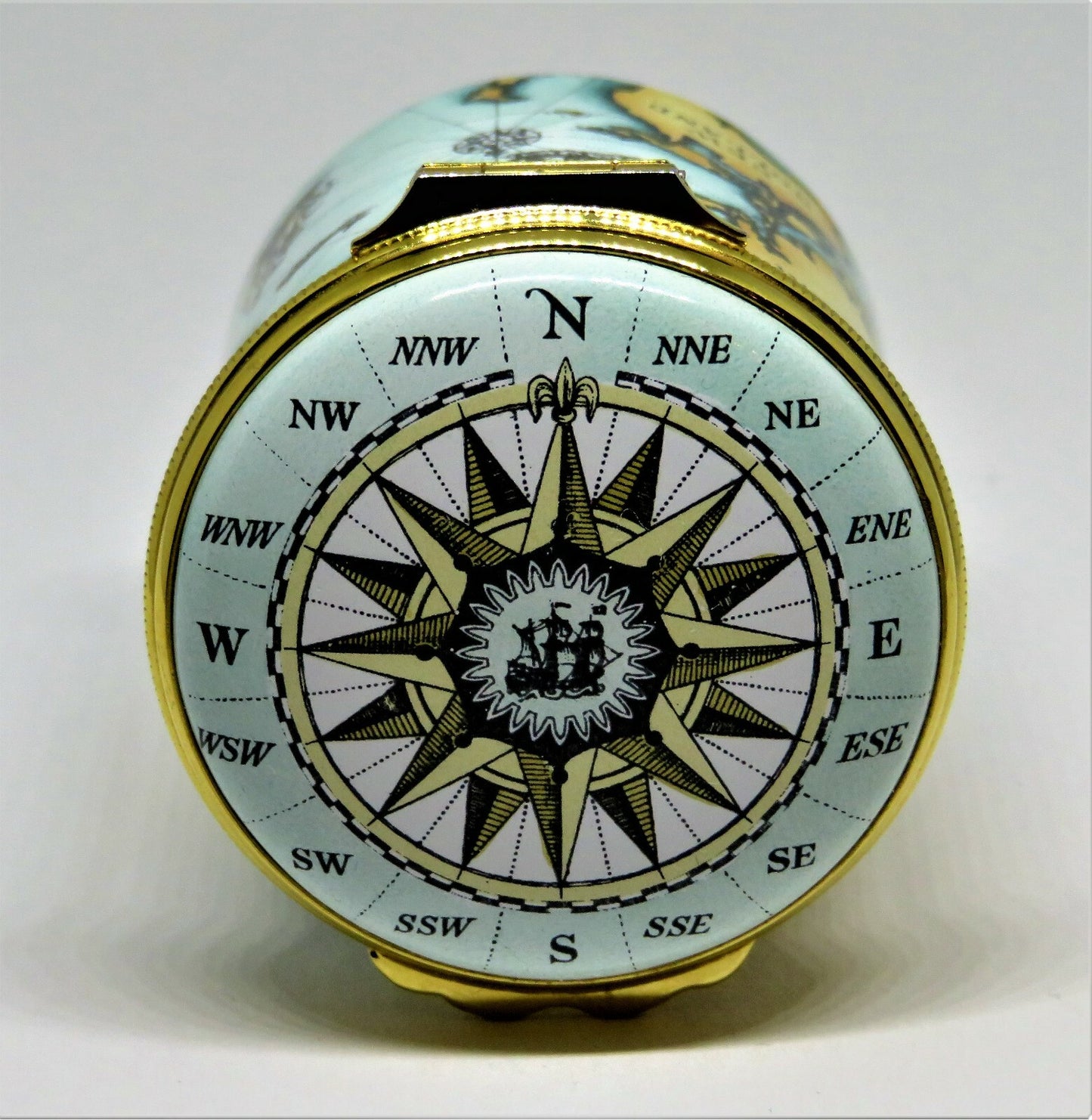 HALCYON DAYS ENAMEL BOX - ANTIQUE NAUTICAL MAP - MASTED SAILING SHIPS - COMPASS
