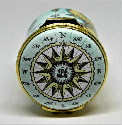 HALCYON DAYS ENAMEL BOX - ANTIQUE NAUTICAL MAP - MASTED SAILING SHIPS - COMPASS