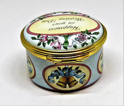 HALCYON DAYS ENAMEL BOX - "HAPPINESS ON YOUR WEDDING DAY" - ROSES & DOVES - MIB