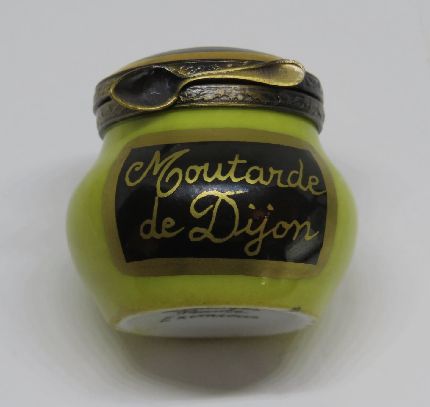 LIMOGES FRANCE BOX ~ EXIMIOUS ~ JAR OF DIJON FRENCH MUSTARD & SPOON ~ PEINT MAIN