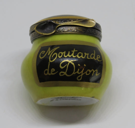 LIMOGES FRANCE BOX ~ EXIMIOUS ~ JAR OF DIJON FRENCH MUSTARD & SPOON ~ PEINT MAIN