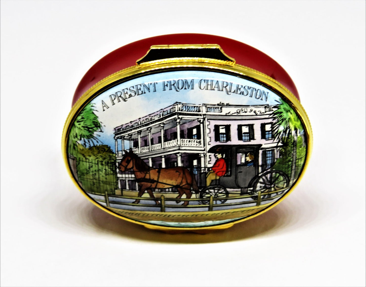 HALCYON DAYS ENAMEL BOX- "A PRESENT FROM CHARLESTON" SC - HORSE & CARRIAGE - MIB