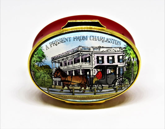 HALCYON DAYS ENAMEL BOX- "A PRESENT FROM CHARLESTON" SC - HORSE & CARRIAGE - MIB
