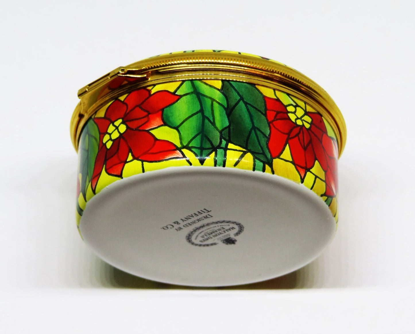 HALCYON DAYS ENAMEL BOX - TIFFANY & CO. - CHRISTMAS - STAINED GLASS POINSETTIAS