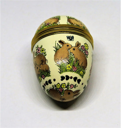 HALCYON DAYS ENAMEL BOX - VINTAGE EASTER BUNNY EGG & STAND - RABBITS & FLOWERS